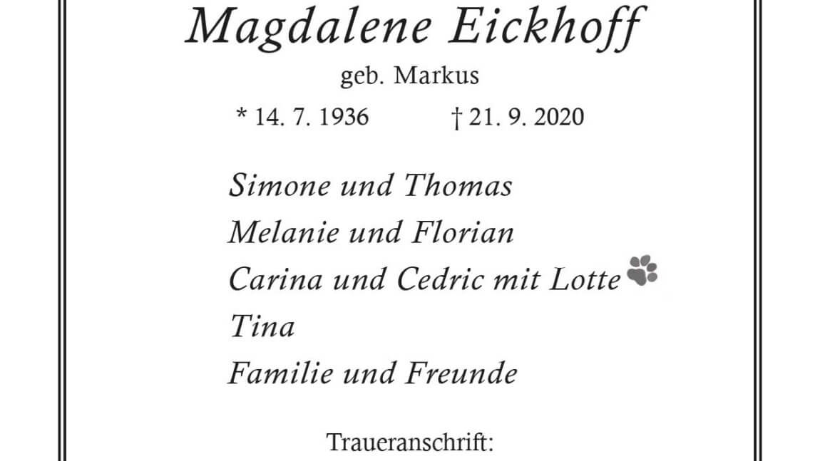 Magdalene Eickhoff † 21. 9. 2020
