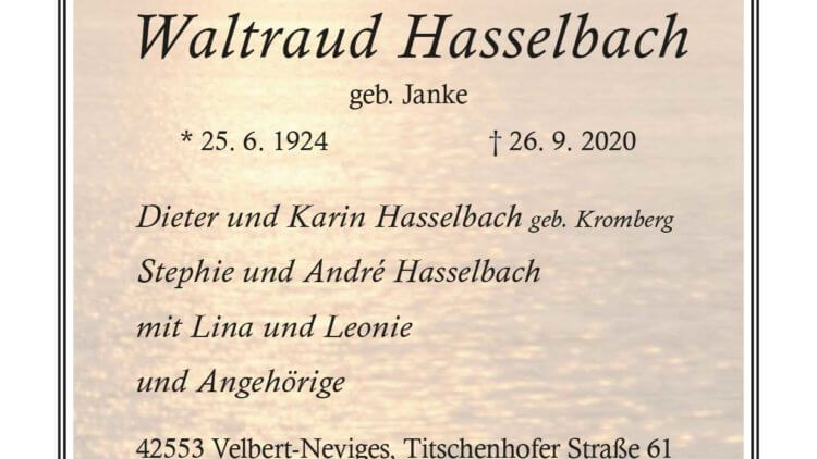 Waltraud Hasselbach † 26. 9. 2020