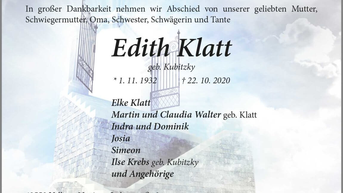 Edith Klatt † 22. 10. 2020