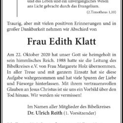 Edith Klatt † 22. 10. 2020
