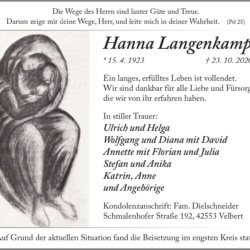 Hanna Langenkamp † 23. 10. 2020