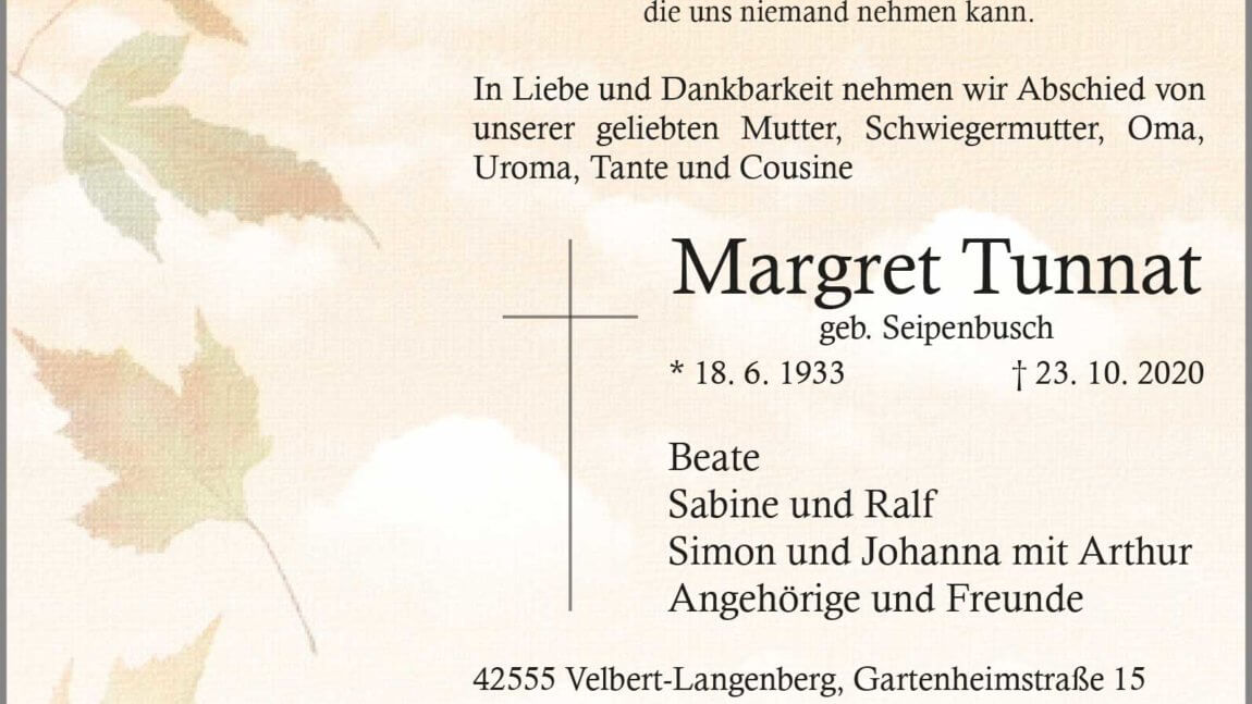 Margret Tunnat † 23. 10. 2020