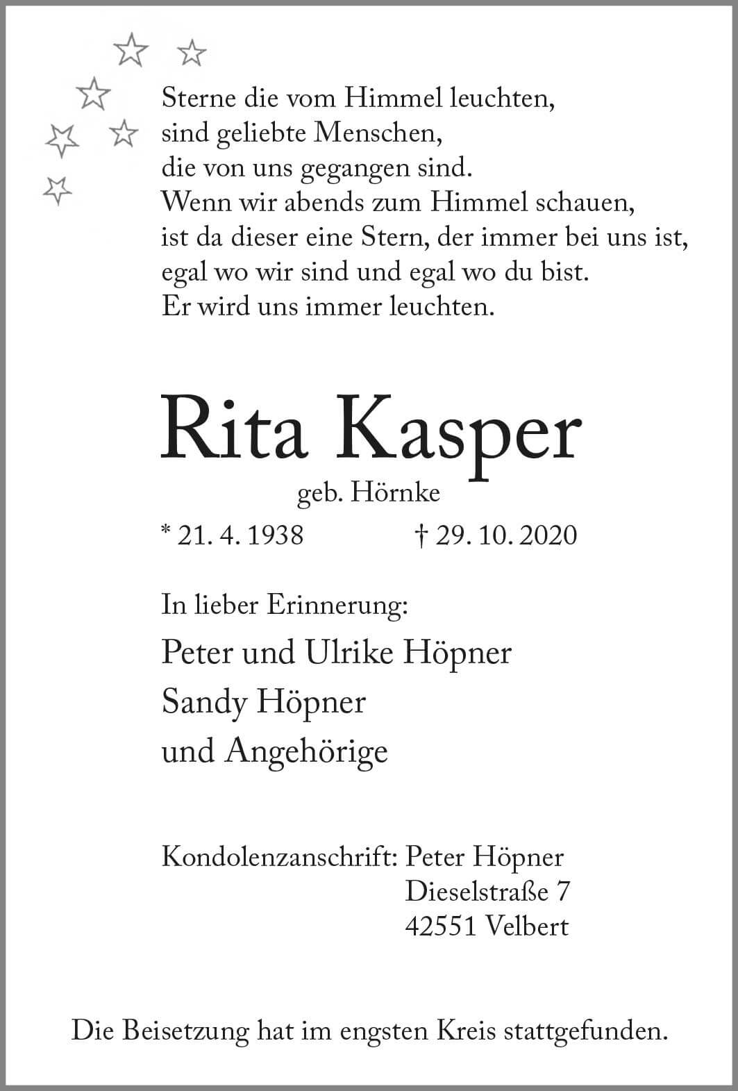 Rita Kasper † 29. 10. 2020