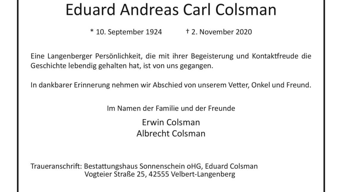 Eduard Andreas Carl Colsman † 2. 11. 2020