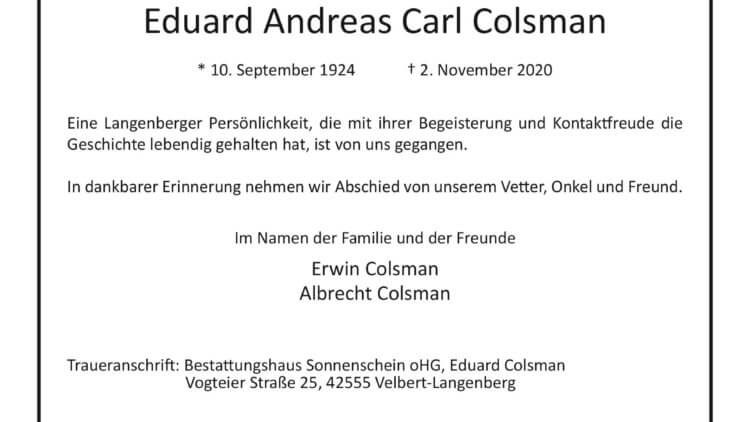 Eduard Andreas Carl Colsman † 2. 11. 2020