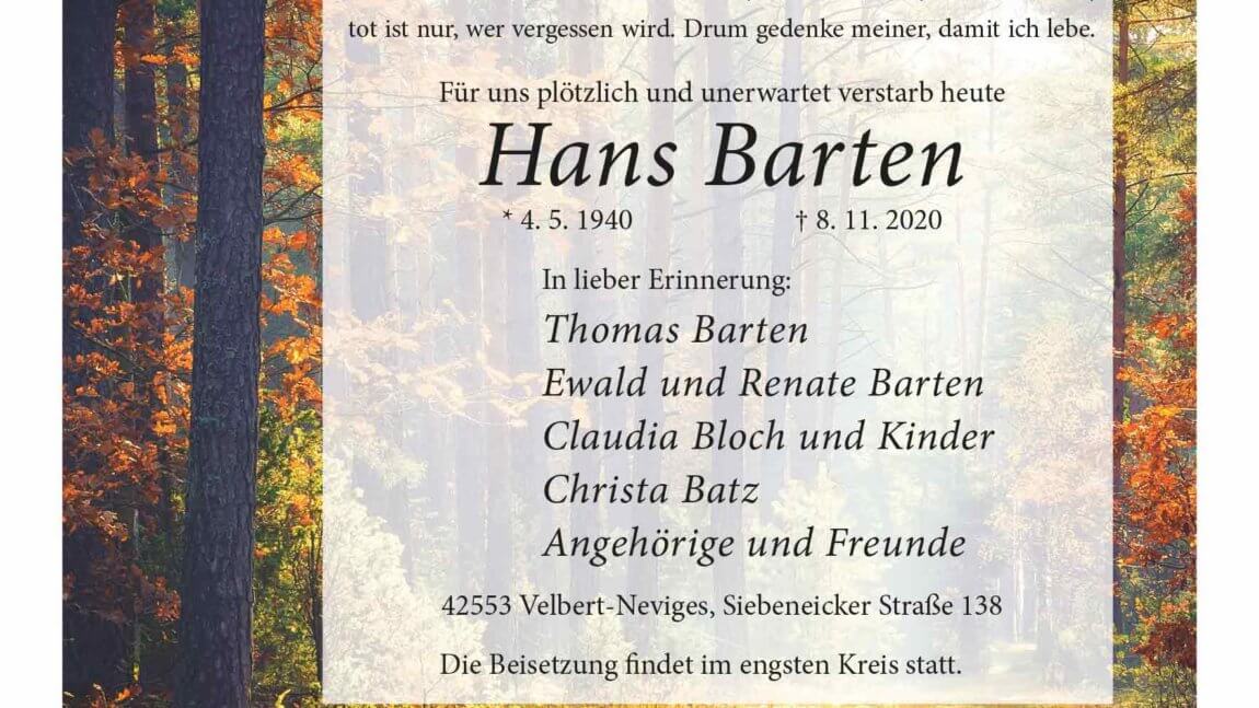 Hans Barten † 8. 11. 2020