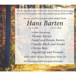 Hans Barten † 8. 11. 2020