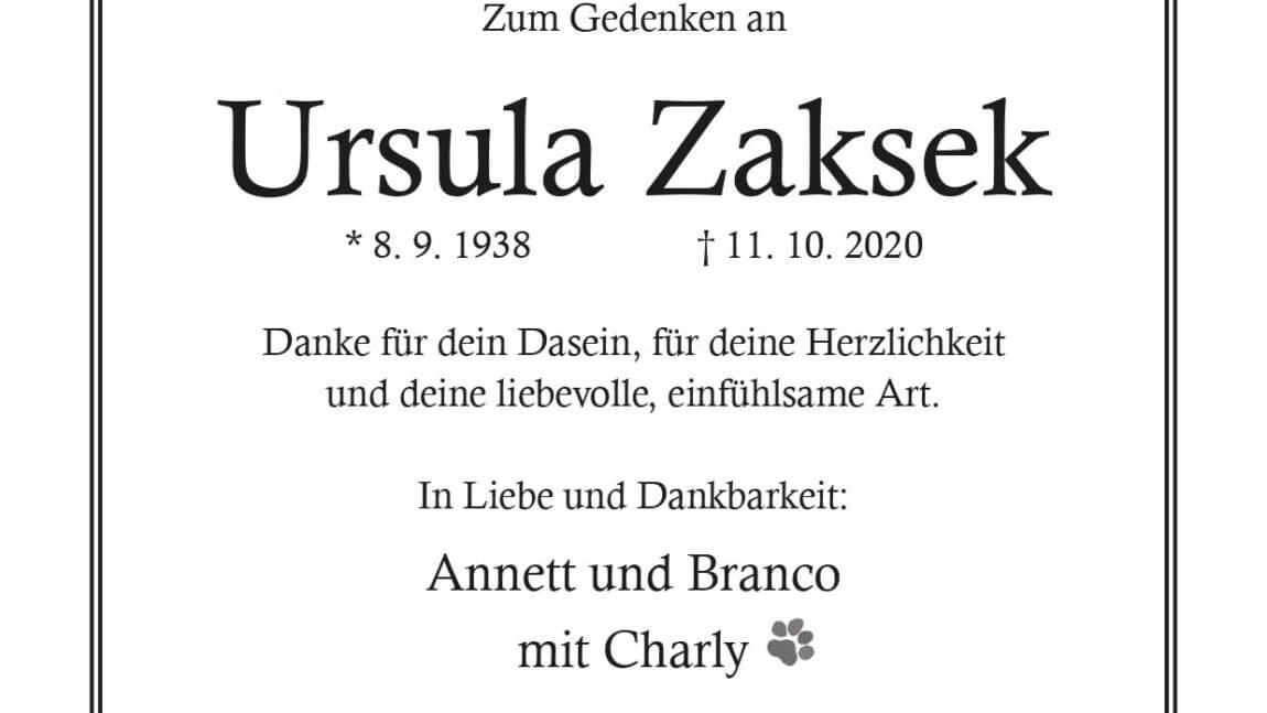 Ursula Zaksek † 11. 10. 2020