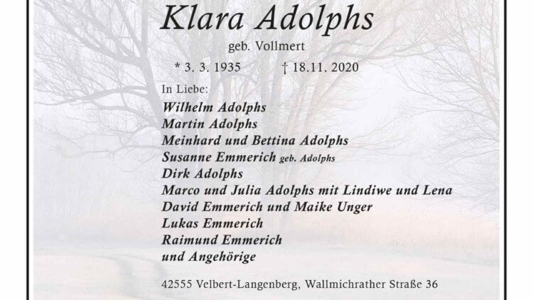 Klara Adolphs † 18. 11. 2020