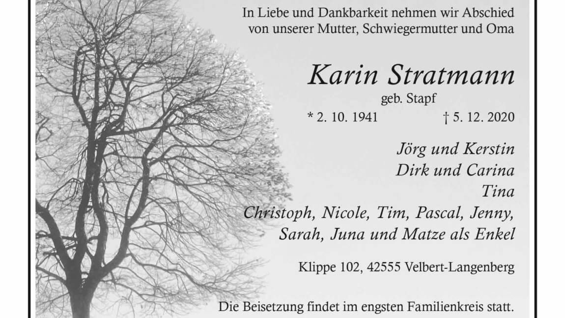 Karin Stratmann † 5. 12. 2020