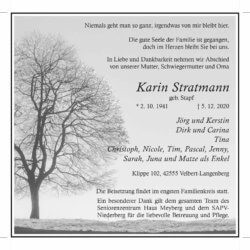 Karin Stratmann † 5. 12. 2020