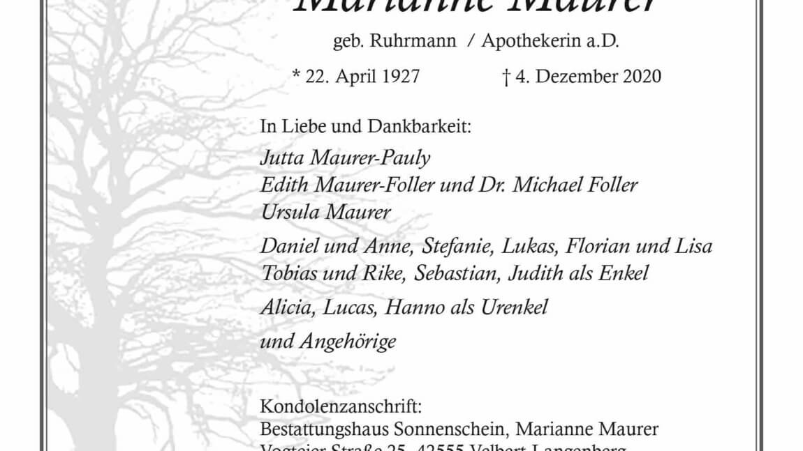 Marianne Maurer † 4. 12. 2020
