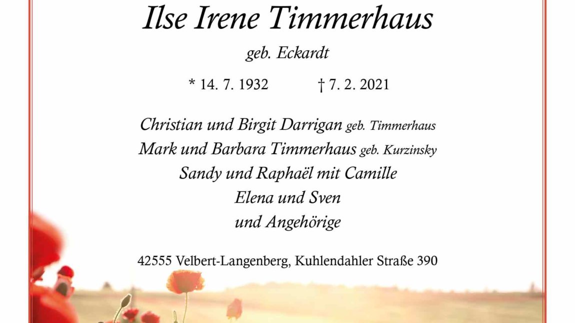 Ilse Irene Timmerhaus † 7. 2. 2021