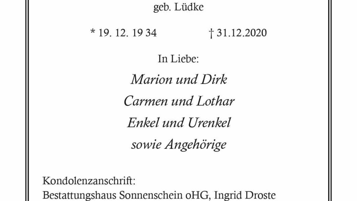 Ingrid Elisabeth Droste † 31. 12. 2020