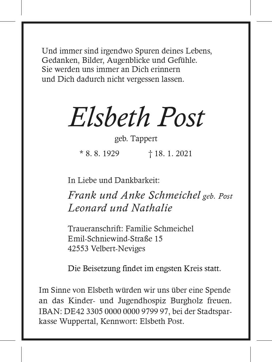 Elsbeth Post † 18. 1. 2021