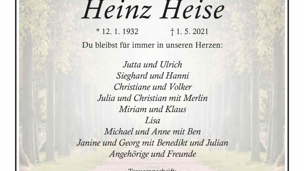 Heinz Heise † 1. 5. 2021