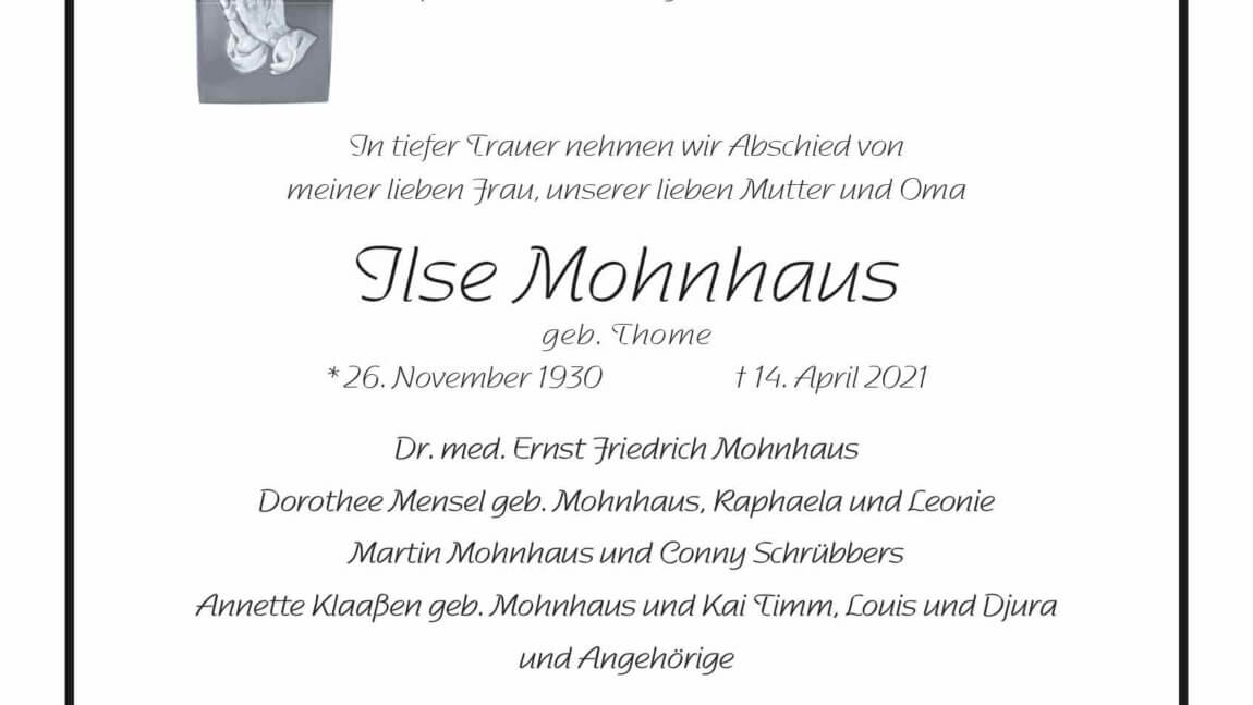 Ilse Mohnhaus † 14. 4. 2021