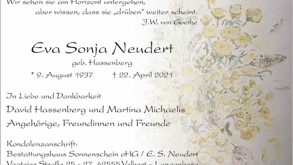 Eva Sonja Neudert † 22. 4. 2021