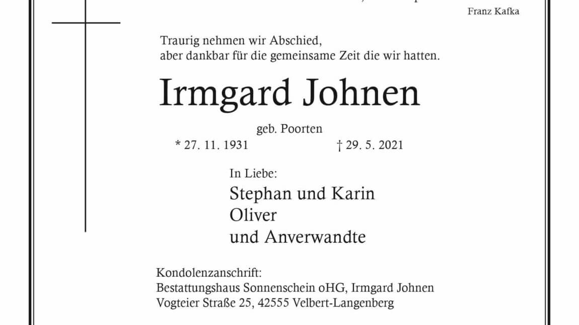 Irmgard Johnen † 29. 5. 2021