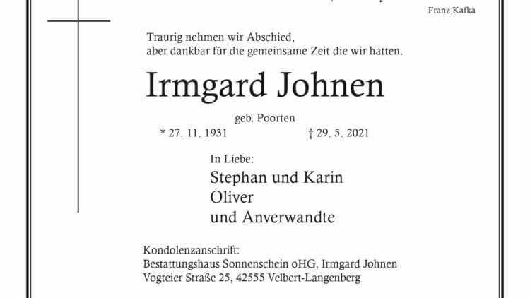 Irmgard Johnen † 29. 5. 2021