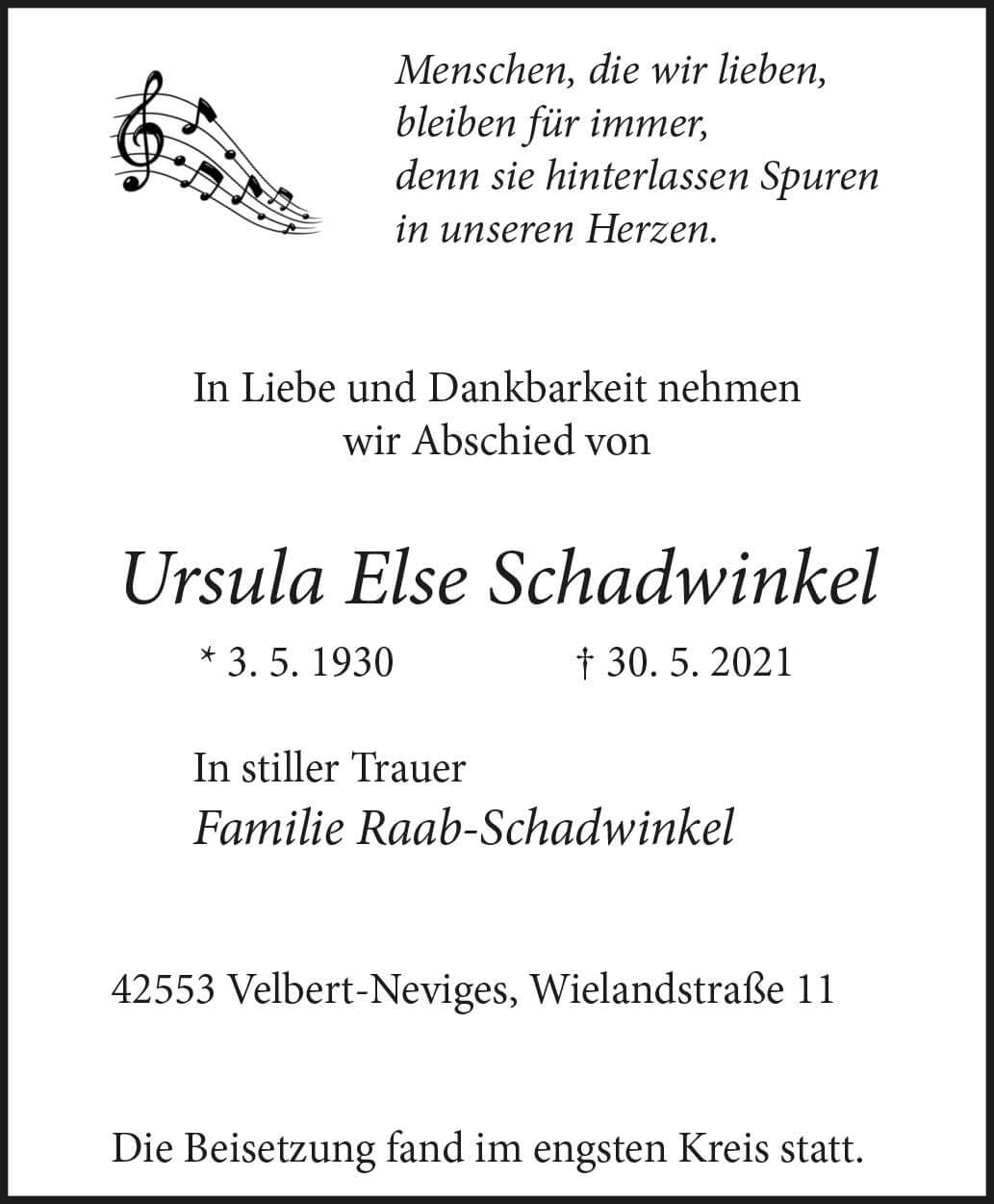 Ursula Else Schadwinkel † 30. 5. 2021