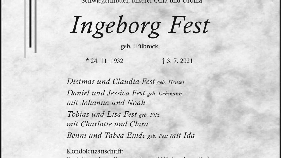 Ingeborg Fest † 3. 7. 2021