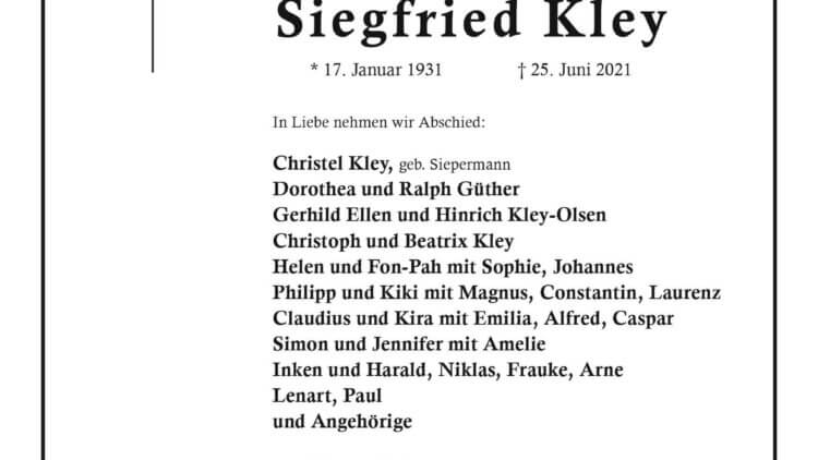 Siegfried Kley † 25. 6. 2021