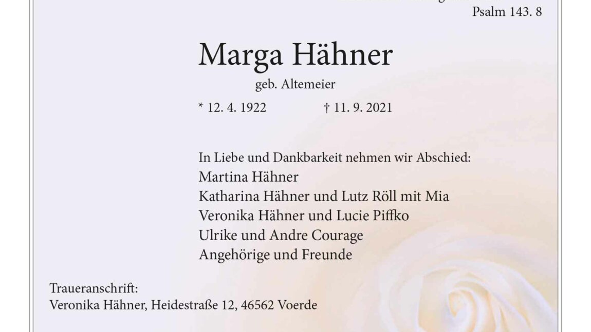 Marga Hähner † 11. 9. 2021