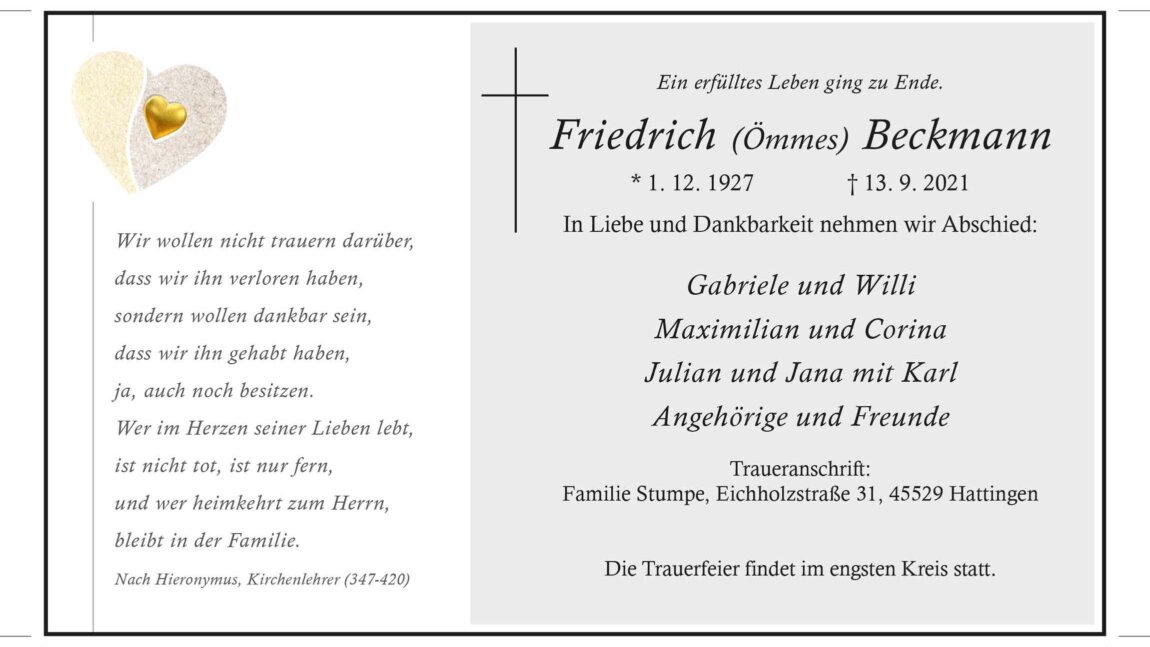 Friedrich Beckmann † 13. 9. 2021