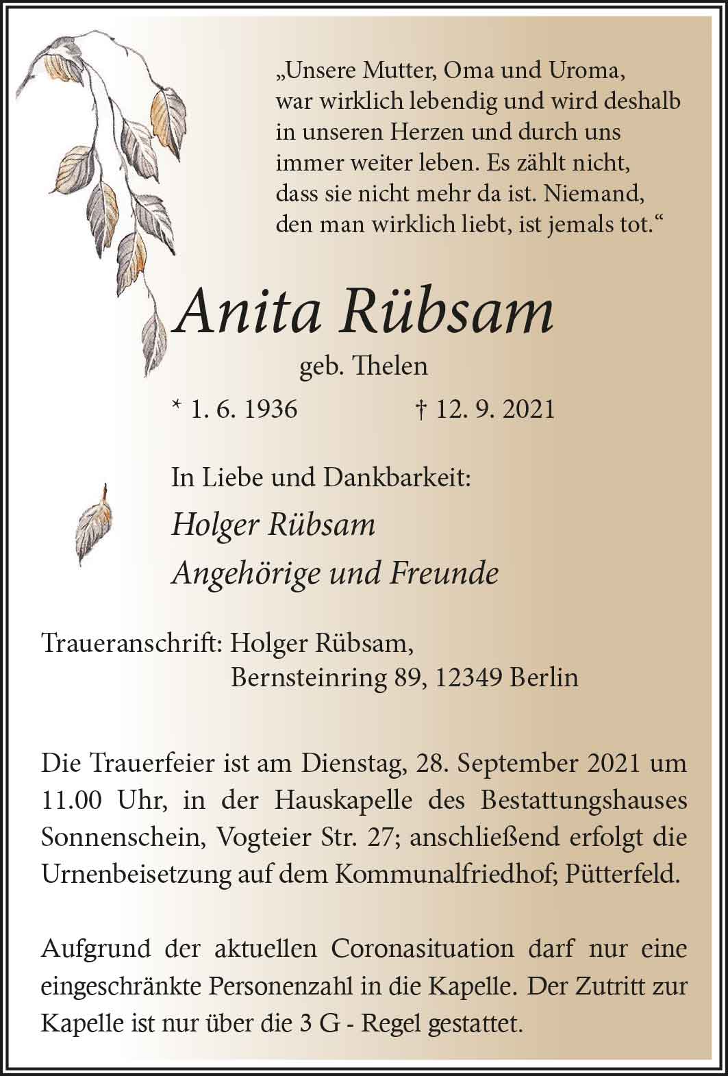 Anita Rübsam † 12. 9. 2021