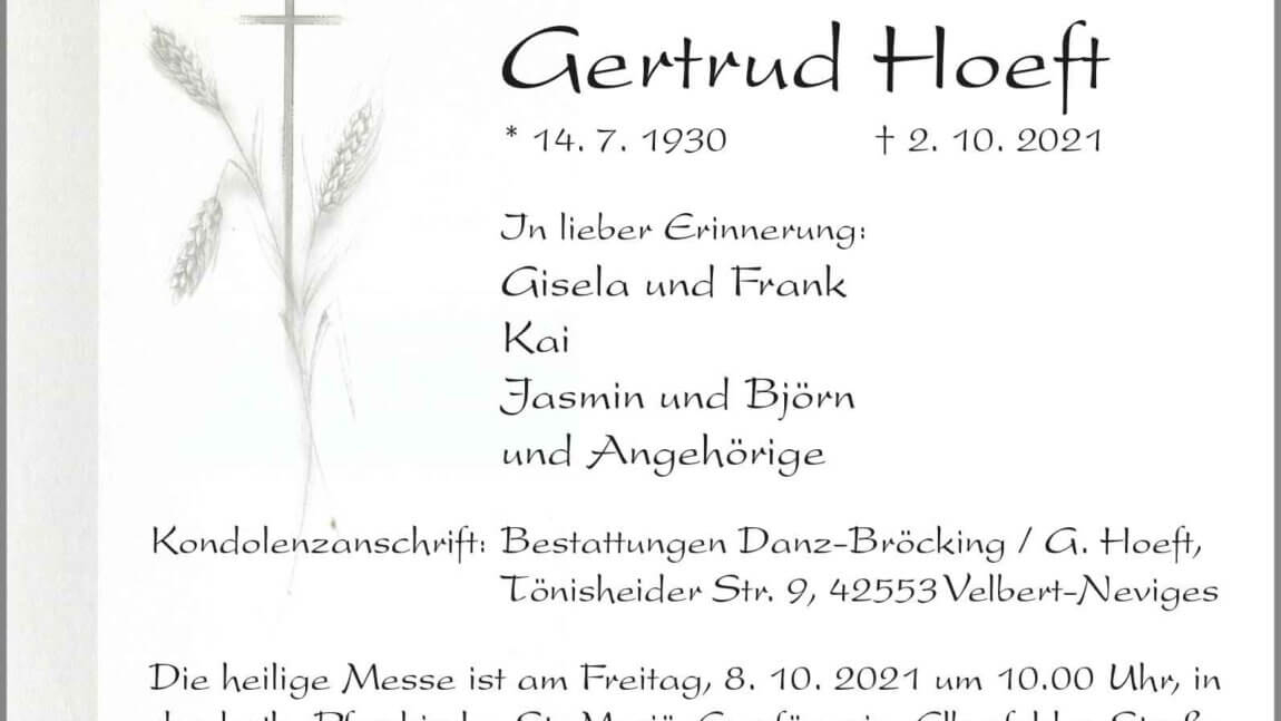Gertrud Hoeft † 2. 10. 2021