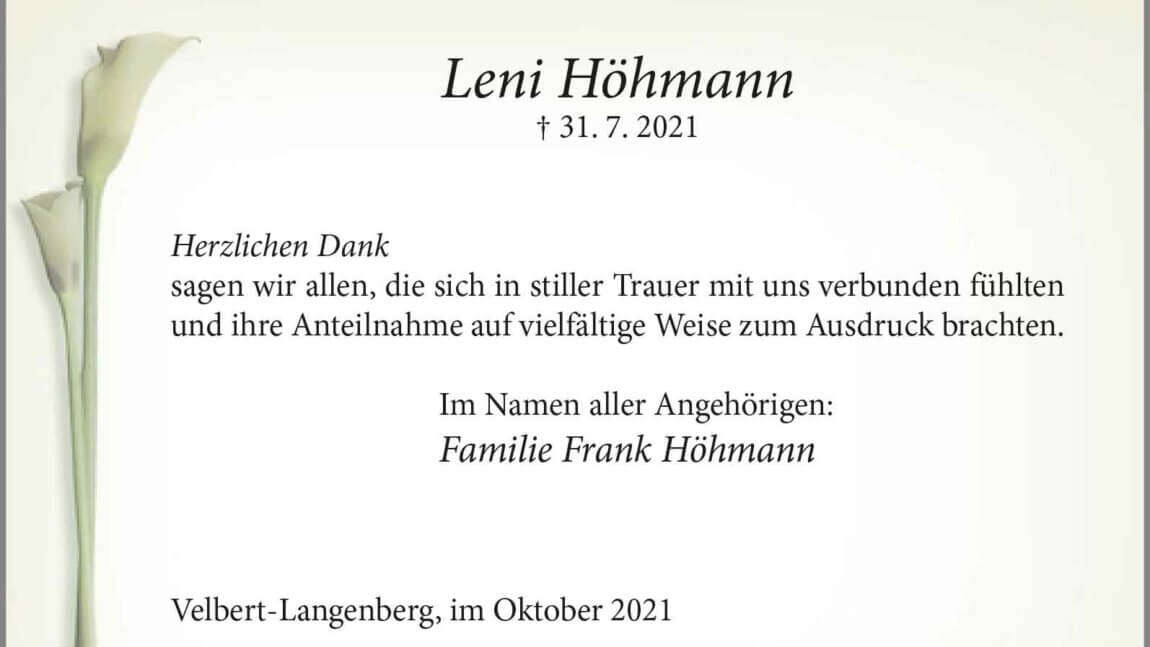 Leni Höhmann -Danksagung-