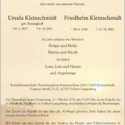Ursula † 8. 10. 2021 & Friedhelm † 11. 10. 2021 Kleinschmidt