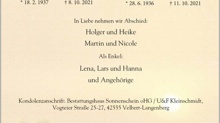 Ursula † 8. 10. 2021 & Friedhelm † 11. 10. 2021 Kleinschmidt