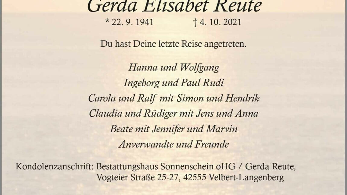 Gerda Elisabet Reute † 4. 10. 2021