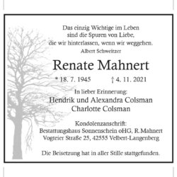 Renate Mahnert † 4. 11. 2021