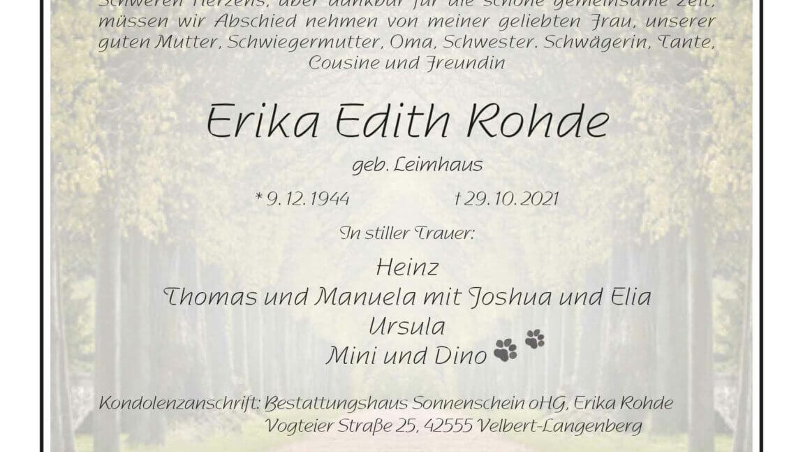 Erika Edith Rohde † 29. 10. 2021