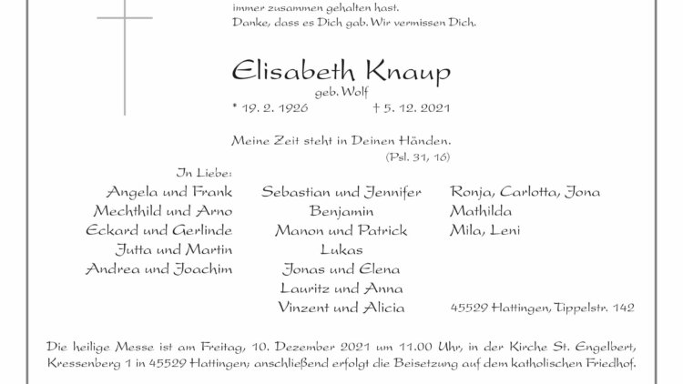 Elisabeth Knaup † 5. 12. 2021