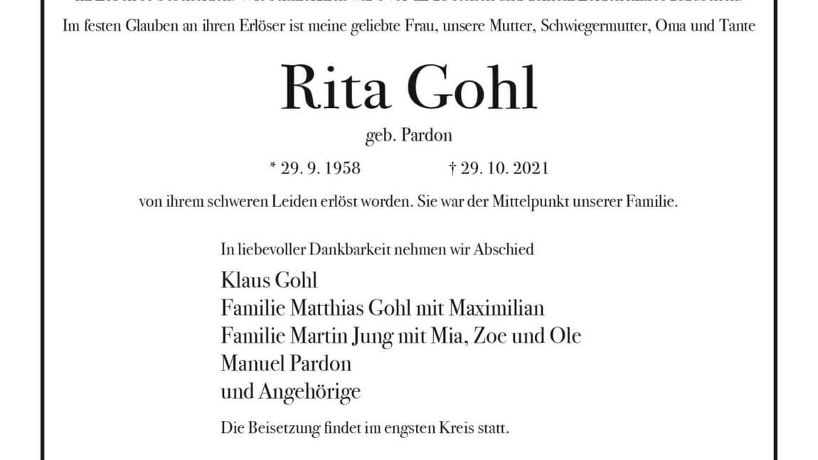 Rita Kohl † 29. 10. 2021