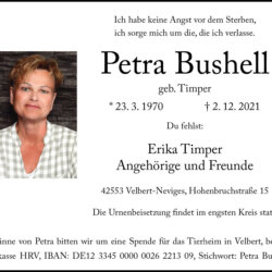 Petra Bushell † 2. 12. 2021