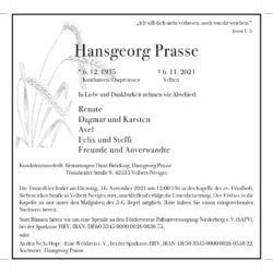 Hansgeorg Prasse † 6. 11. 2021