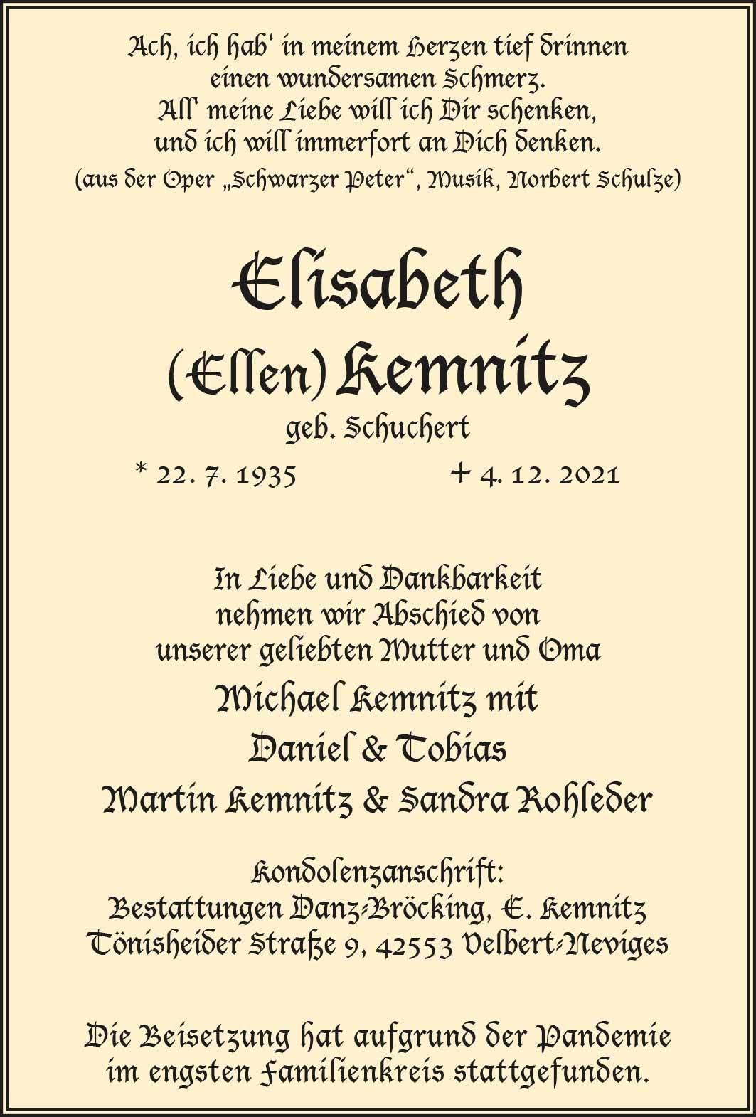 Elisabeth (Ellen) Kemnitz † 4. 12. 2021