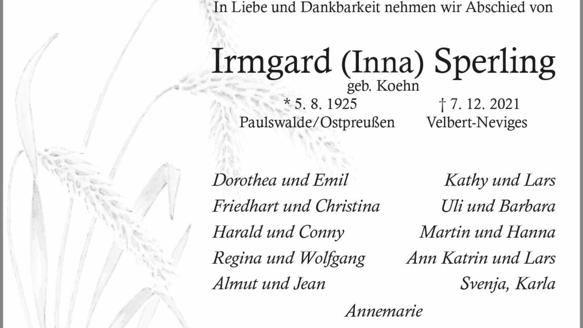Irmgard (Inna) Sperling † 7. 12. 2021
