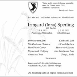 Irmgard (Inna) Sperling † 7. 12. 2021