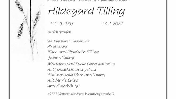 Hildegard Tilling † 4. 1. 2022