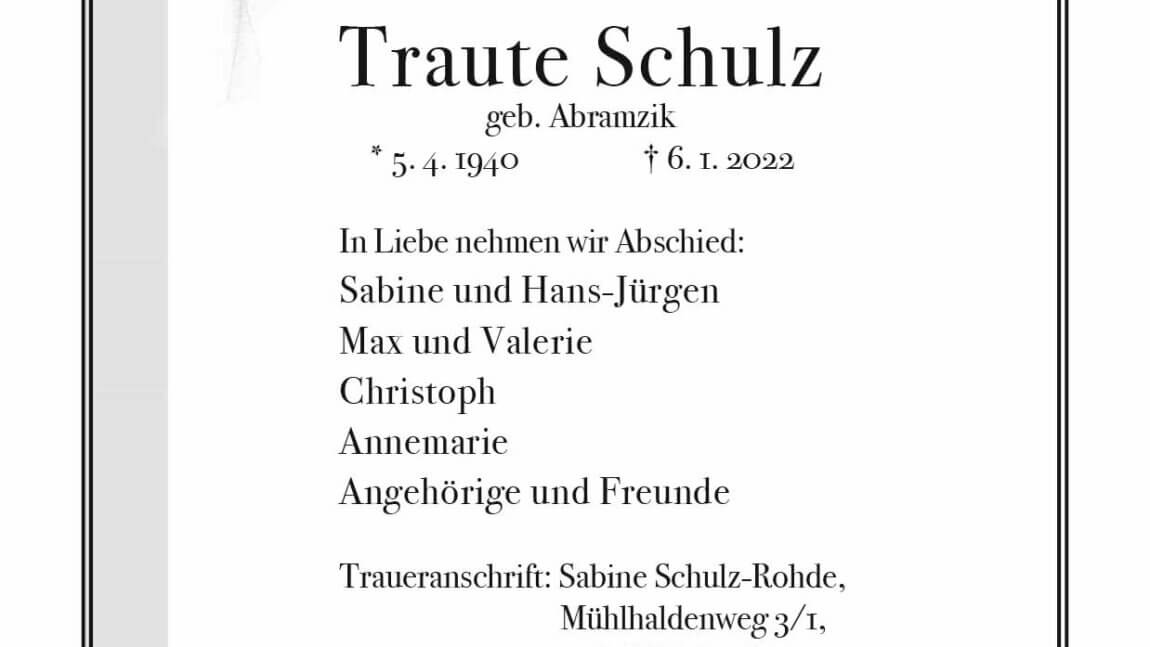 Traute Schulz † 6. 1. 2022