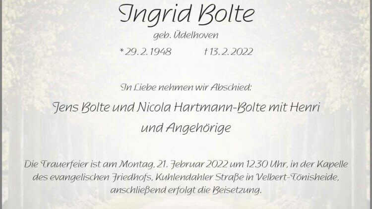 Ingrid Bolte † 13. 2. 2022
