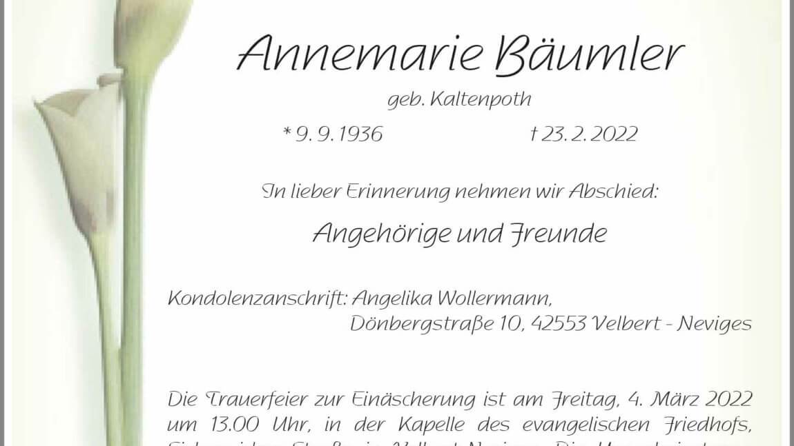 Annemarie Bäumler † 23. 2. 2022