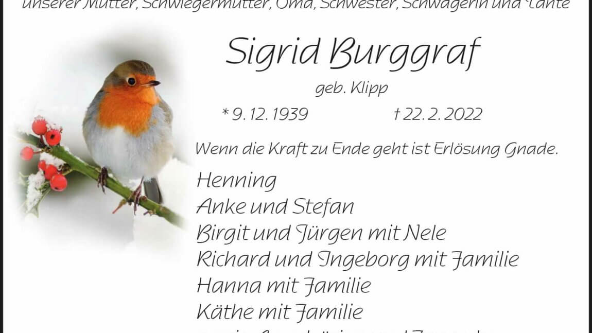 Sigrid Burggraf † 22. 2. 2022