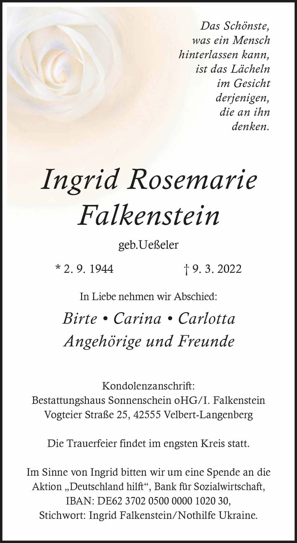 Ingrid Rosemarie Falkenstein † 9. 3. 2022
